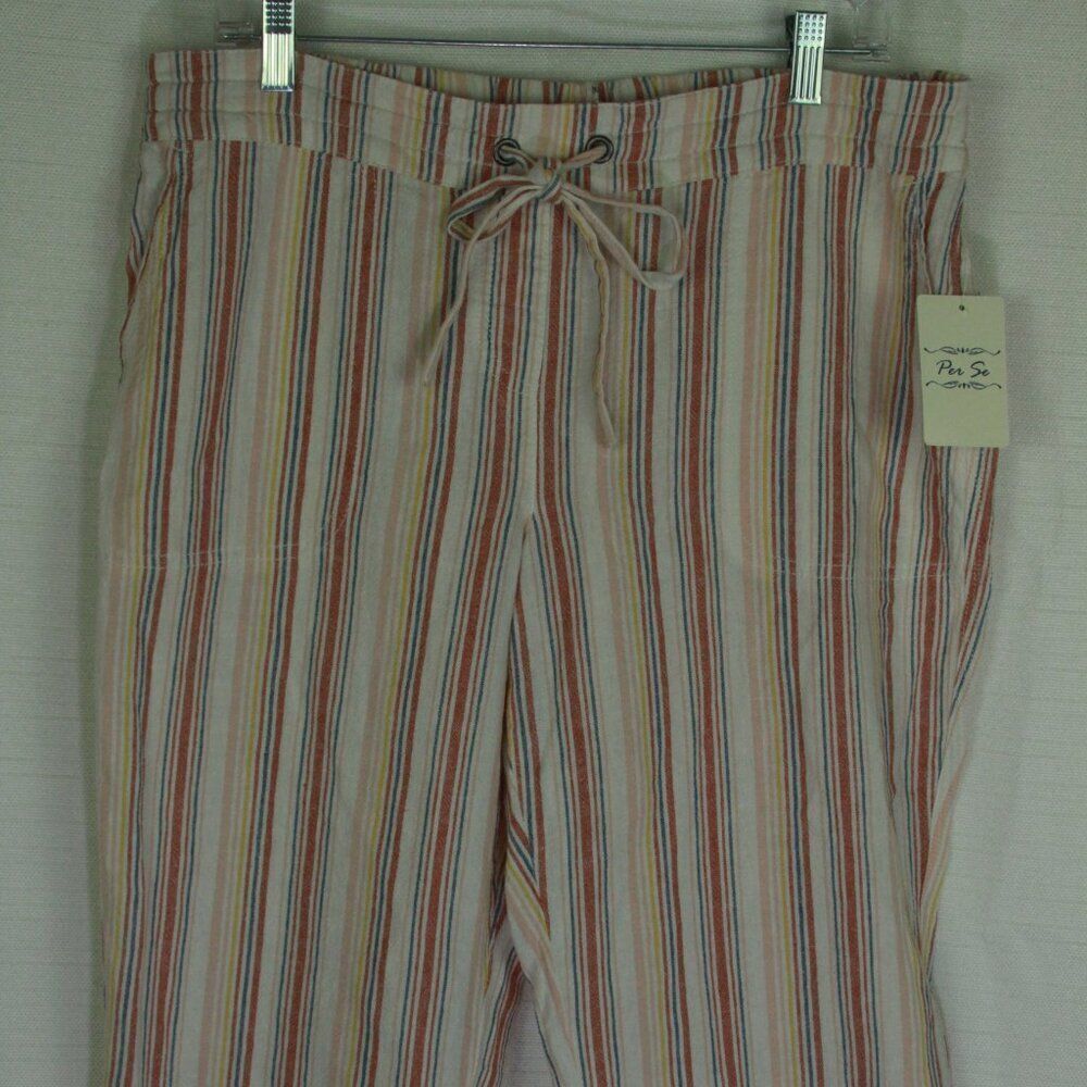 Per Se Linen Blend Pants   Cropped Capri  Crinkle Striped  Pull-On